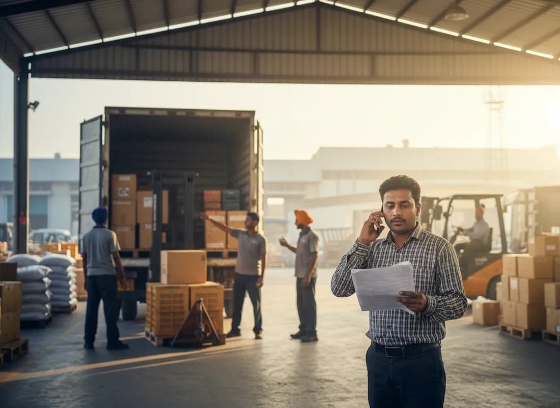 A dispatch supervisor with a printed document as a truck is loaded at a warehouse dock