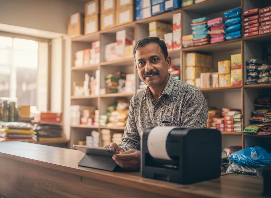 A wholesale shopkeeper printing an invoice at his counter