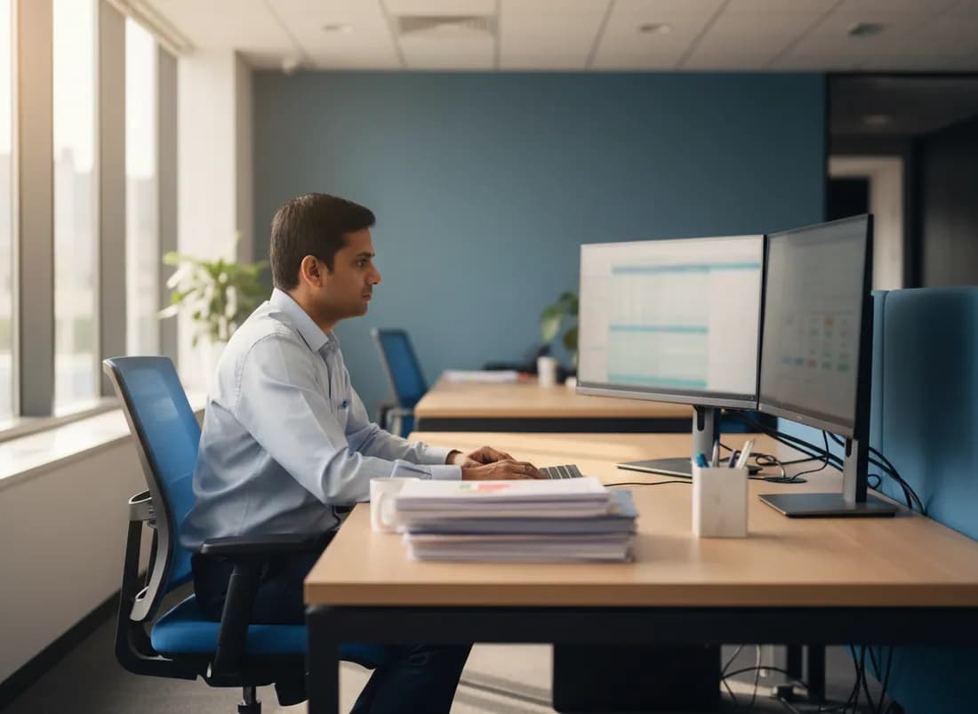 An accountant working on spreadsheets across two monitors