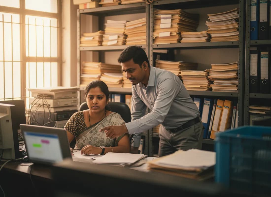 A payroll officer and a colleague checking salary statements in a factory office
