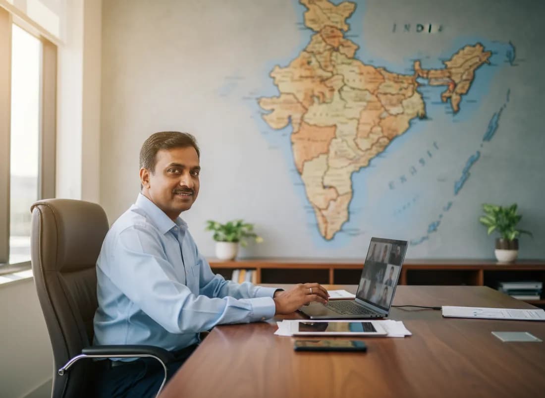 An HR manager at his desk in front of a map of India