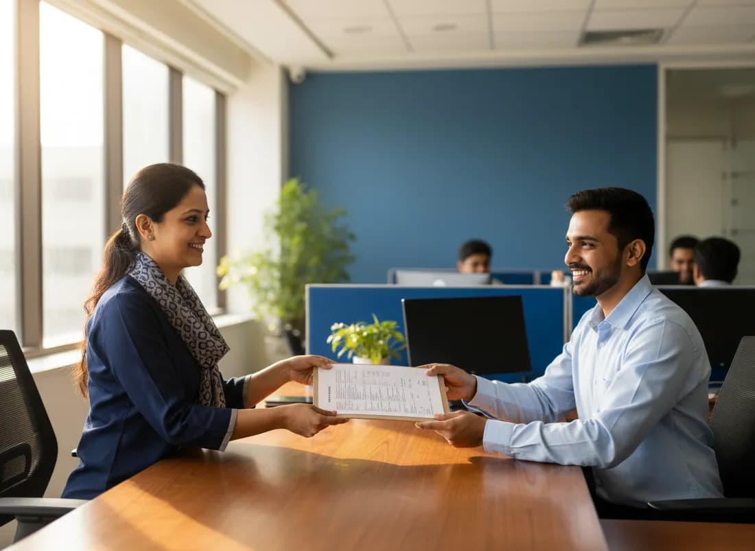 An HR executive handing a tax document to a smiling employee