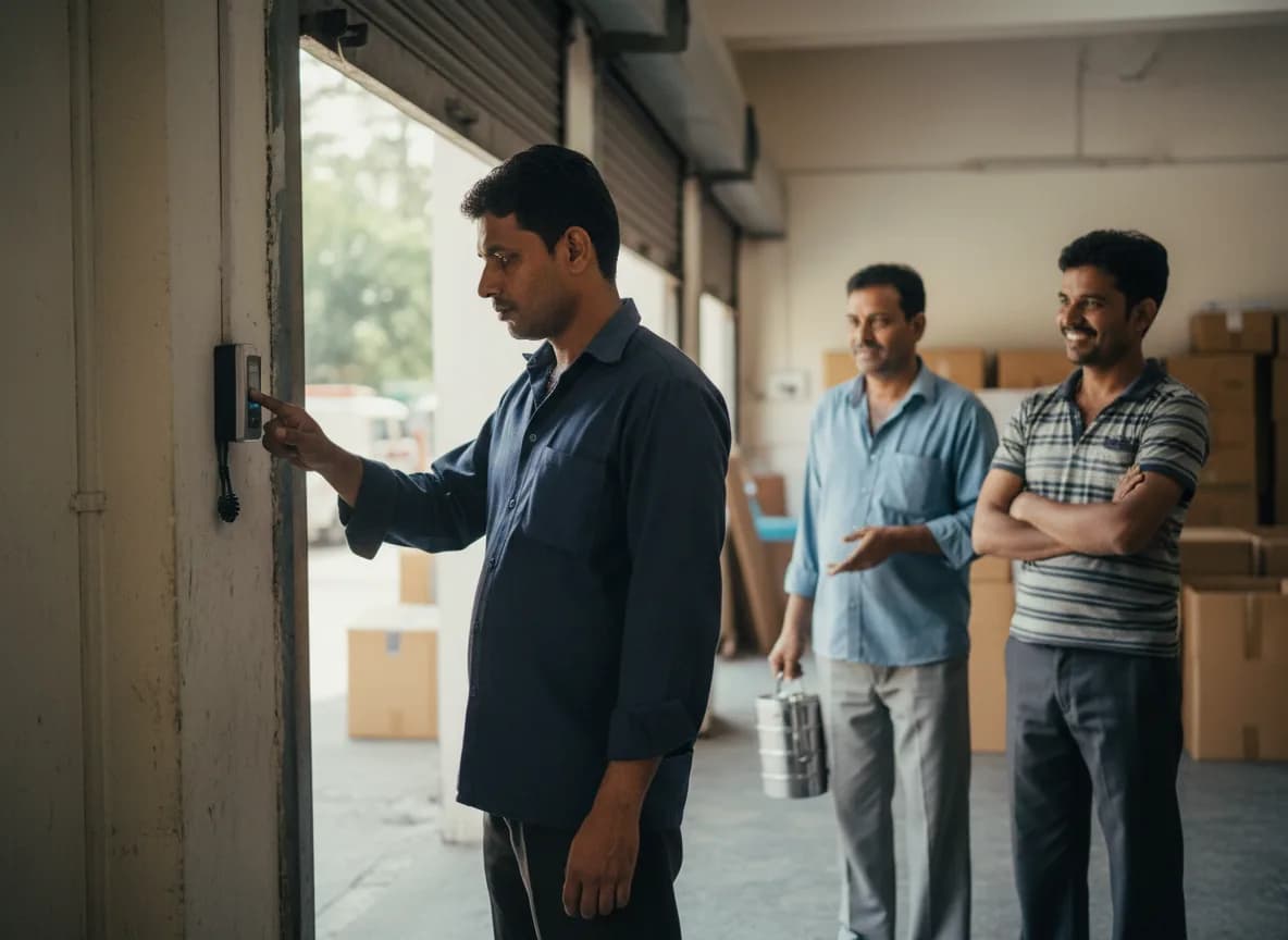 Factory workers clocking in on a biometric device at the factory entrance