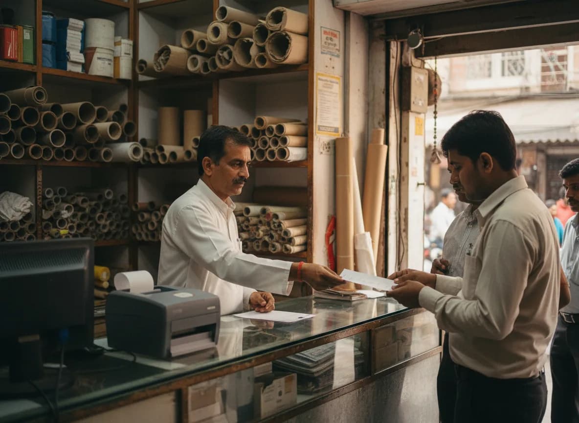 A shop owner handing a printed invoice to a customer across the counter