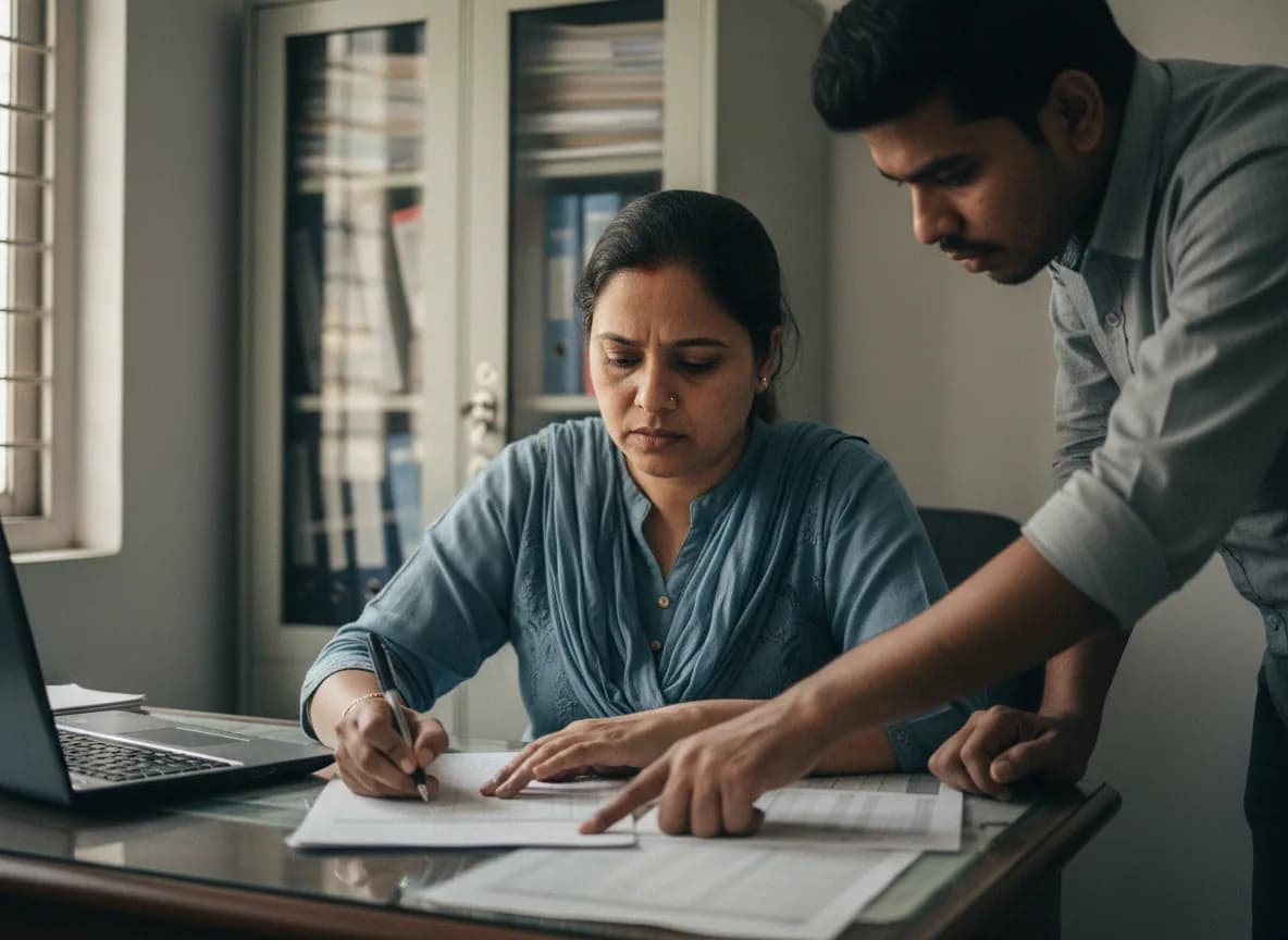 An HR manager checking the month’s salary sheet with a colleague