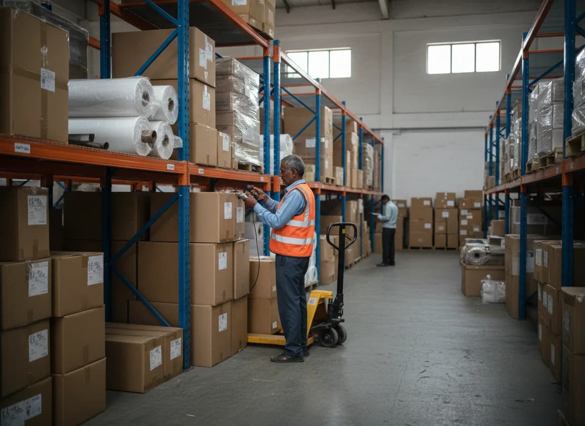 A storekeeper scanning a carton’s barcode beside godown racks
