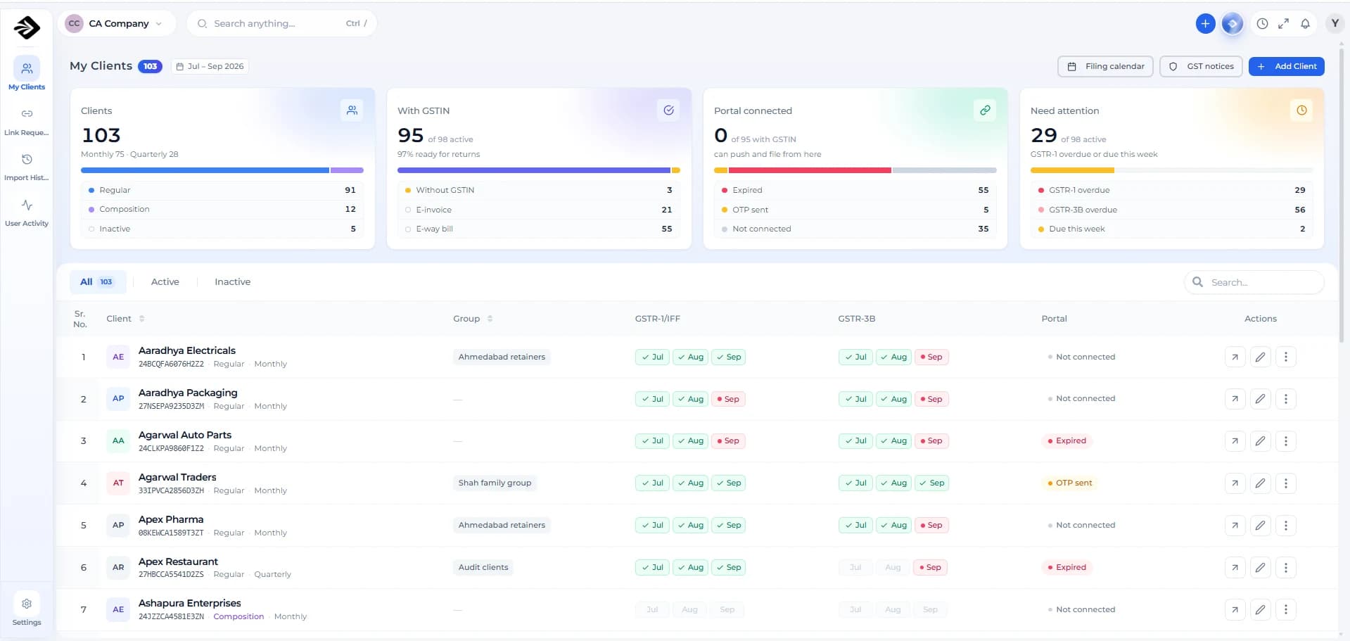 The Sleet GST Filing My Clients screen with client, GSTIN, portal and attention counts, and each client’s GSTR-1 and GSTR-3B status by month