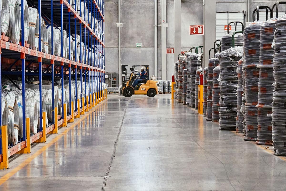 Large warehouse with tall racks and a forklift at work