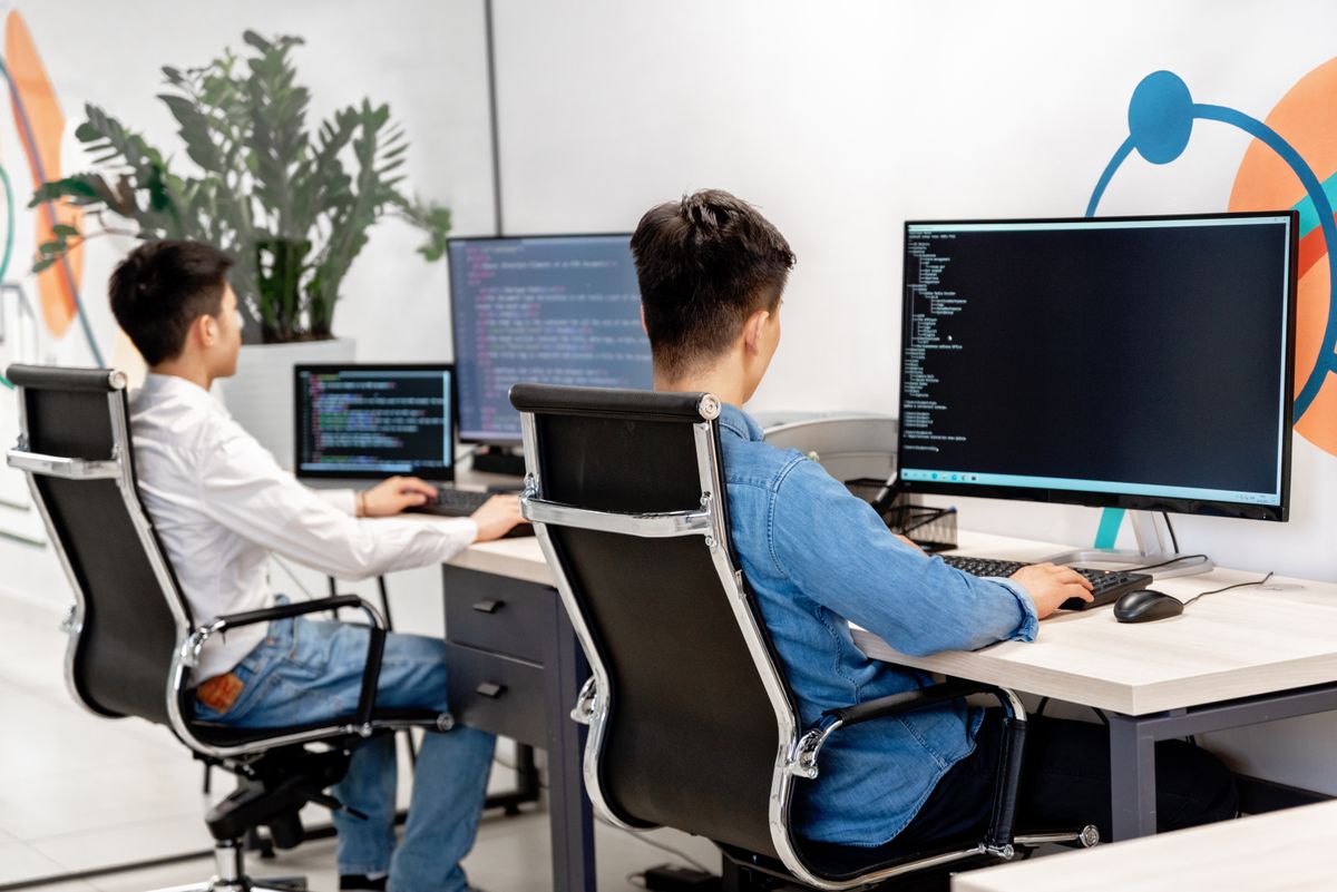Two employees at workstations with large monitors