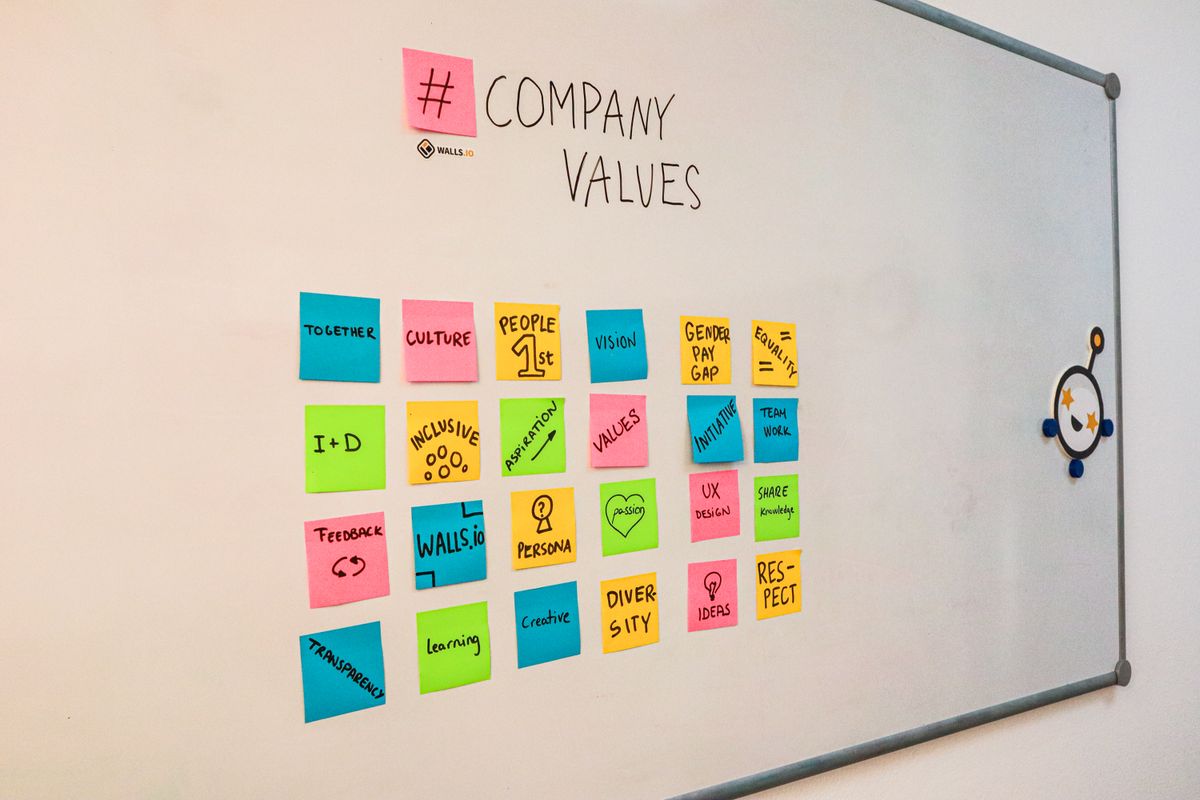 Bright sticky notes on a whiteboard highlighting goals and teamwork.