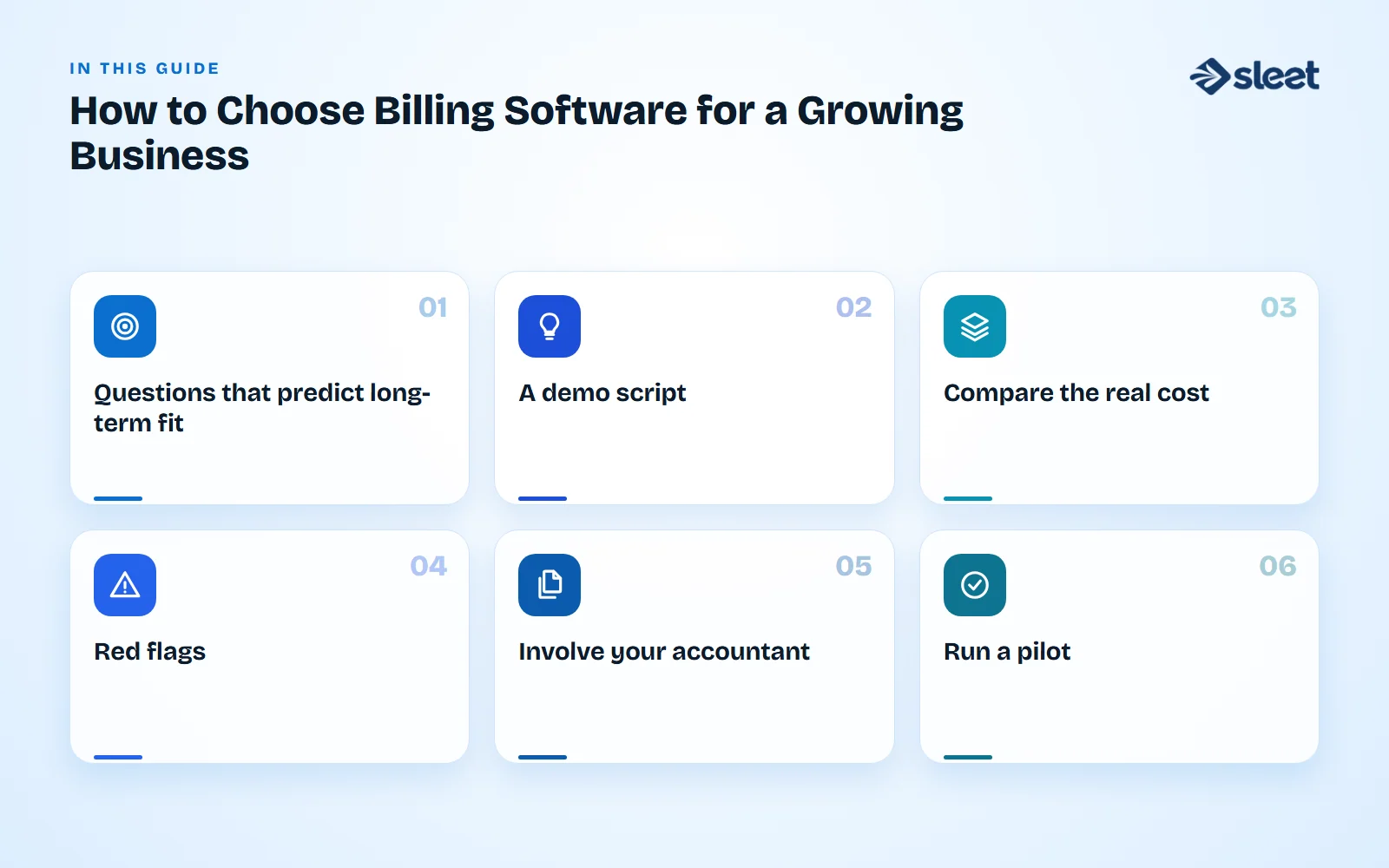 Key points covered in this guide: Questions that predict long-term fit, A demo script, Compare the real cost, Red flags, Involve your accountant, Run a pilot