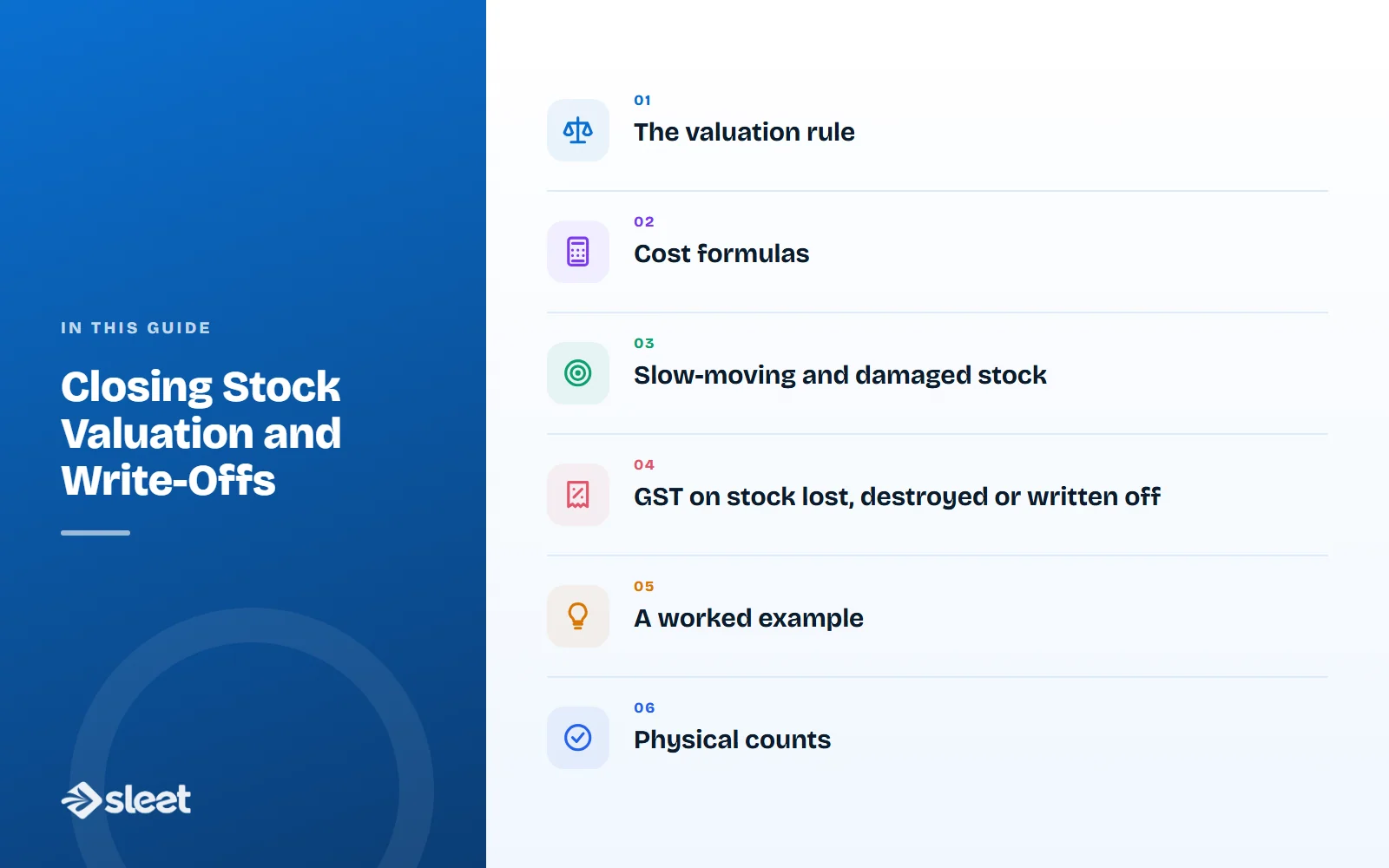 Key points covered in this guide: The valuation rule, Cost formulas, Slow-moving and damaged stock, GST on stock lost, destroyed or written off, A worked example, Physical counts