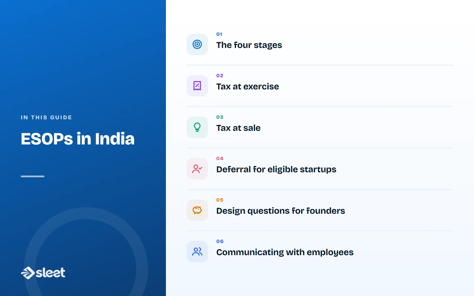 Key points covered in this guide: The four stages, Tax at exercise, Tax at sale, Deferral for eligible startups, Design questions for founders, Communicating with employees