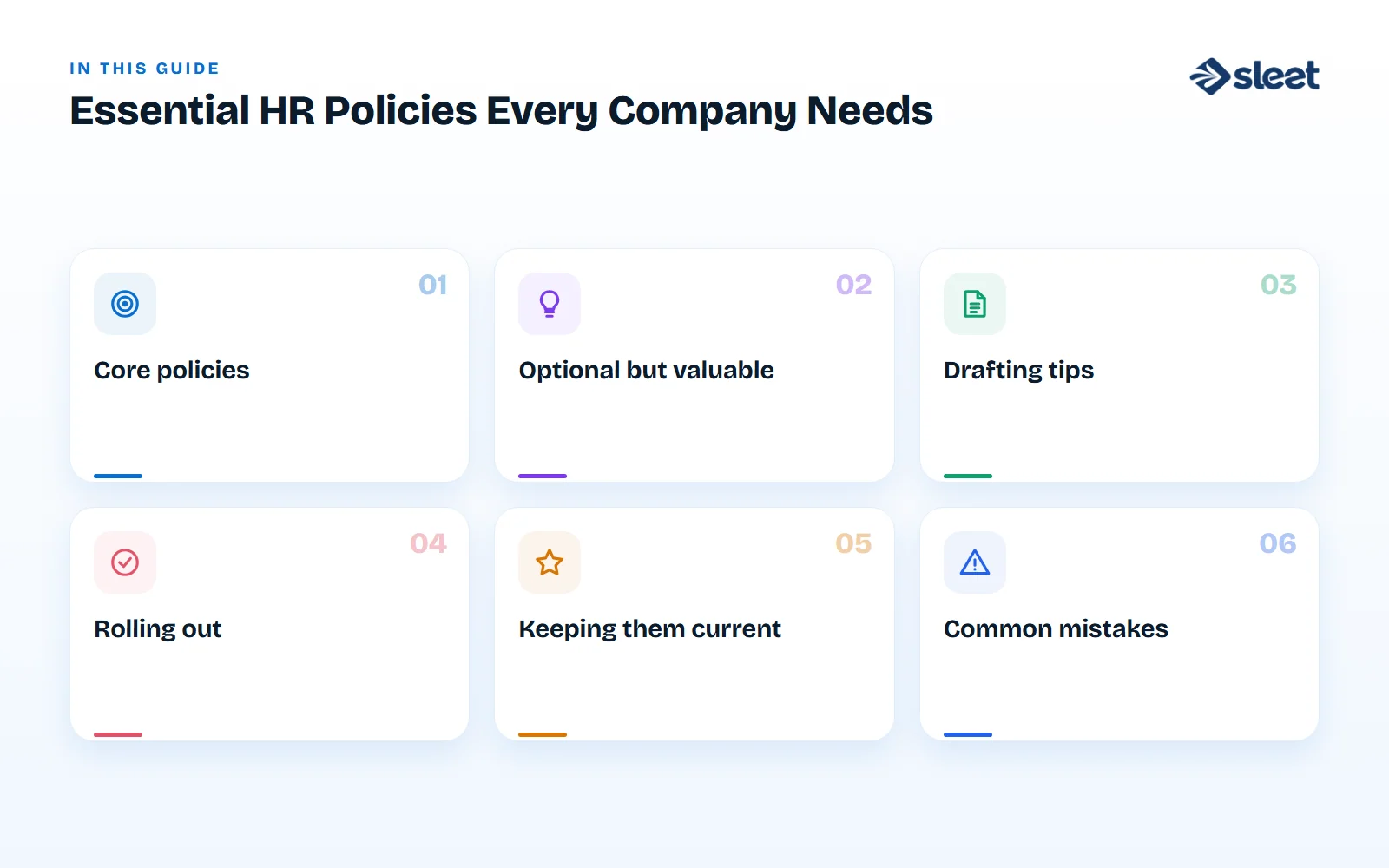 Key points covered in this guide: Core policies, Optional but valuable, Drafting tips, Rolling out, Keeping them current, Common mistakes