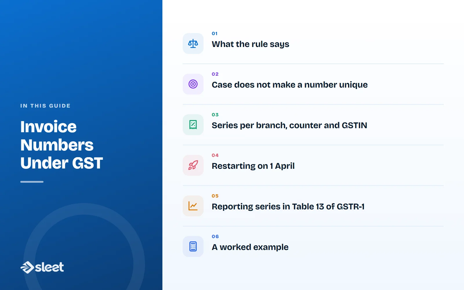 Key points covered in this guide: What the rule says, Case does not make a number unique, Series per branch, counter and GSTIN, Restarting on 1 April, Reporting series in Table 13 of GSTR-1, A worked example