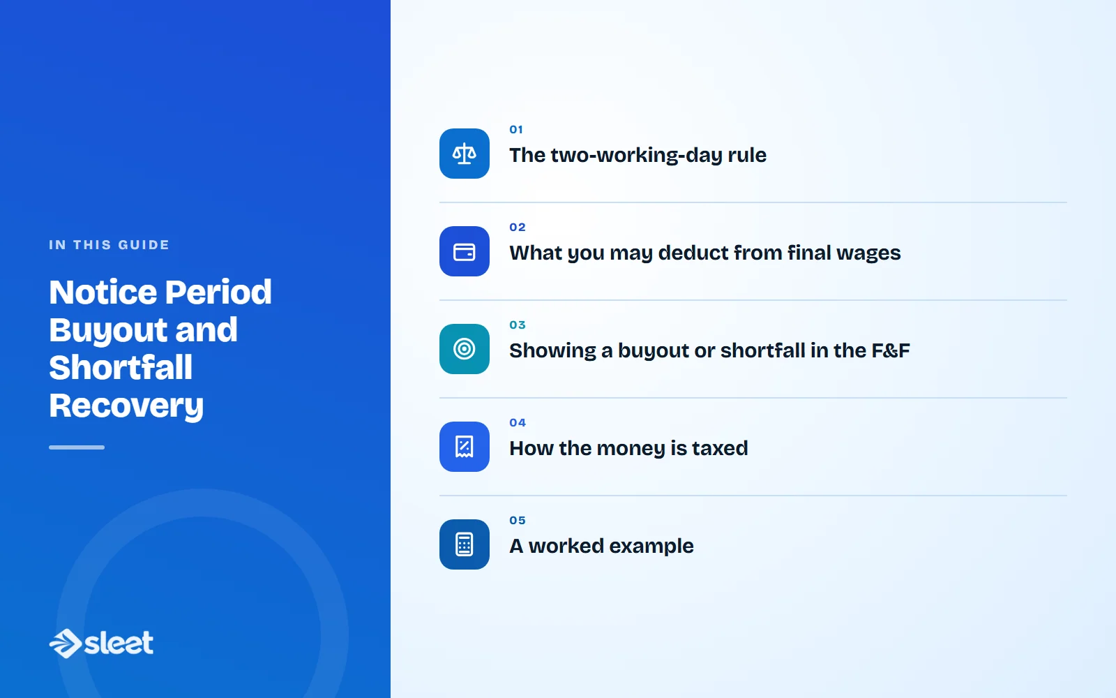 Key points covered in this guide: The two-working-day rule, What you may deduct from final wages, Showing a buyout or shortfall in the F&F, How the money is taxed, A worked example