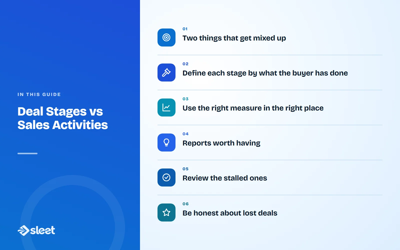 Key points covered in this guide: Two things that get mixed up, Define each stage by what the buyer has done, Use the right measure in the right place, Reports worth having, Review the stalled ones, Be honest about lost deals