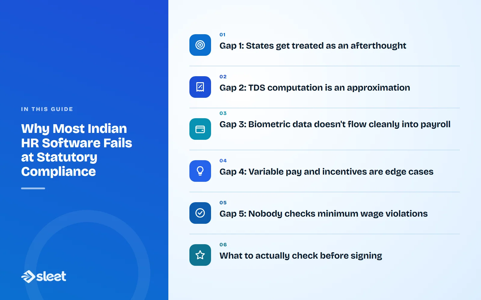Key points covered in this guide: Gap 1: States get treated as an afterthought, Gap 2: TDS computation is an approximation, Gap 3: Biometric data doesn't flow cleanly into payroll, Gap 4: Variable pay and incentives are edge cases, Gap 5: Nobody checks minimum wage violations, What to actually check before signing