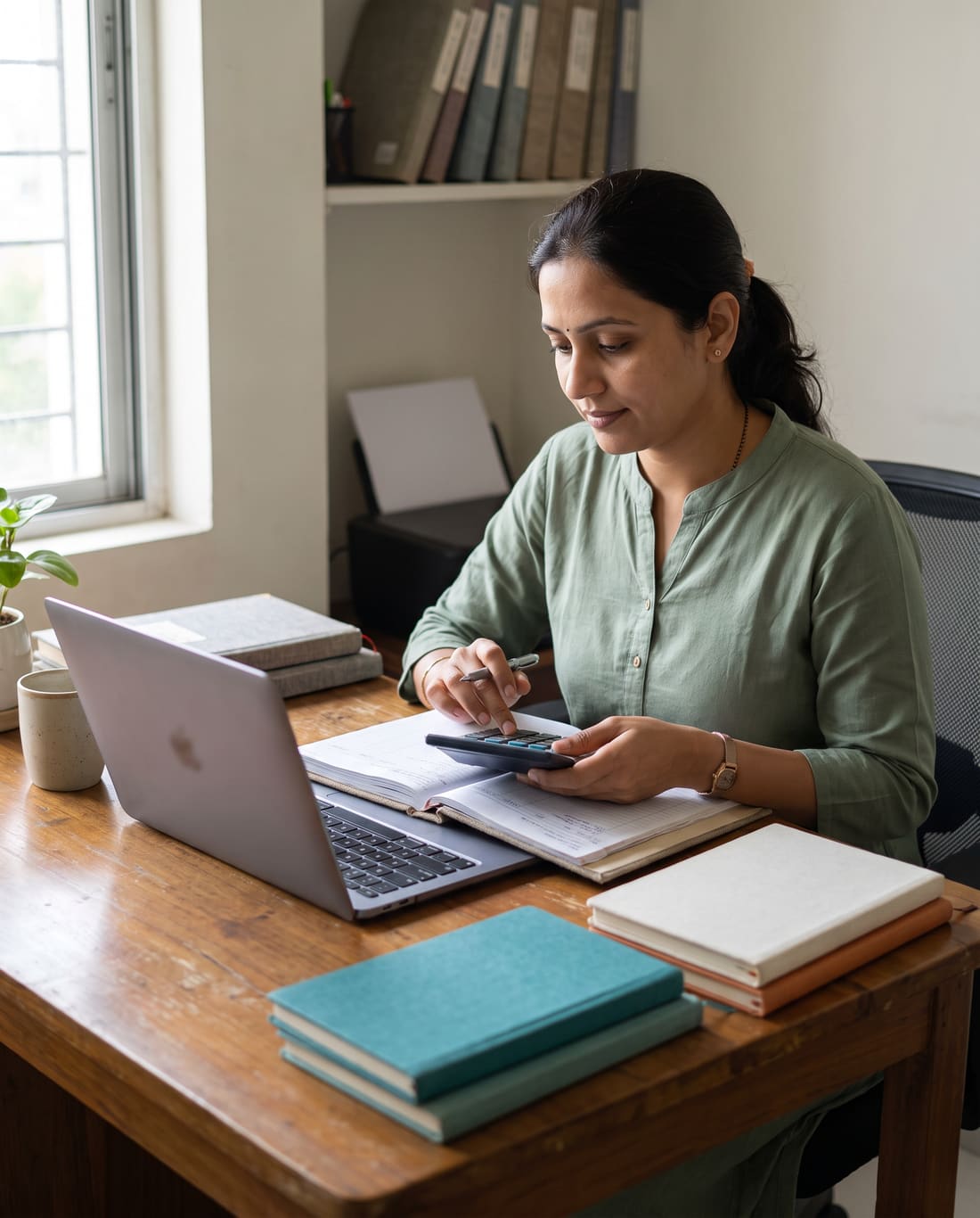 An accountant at her desk reconciling a bank statement beside a laptop