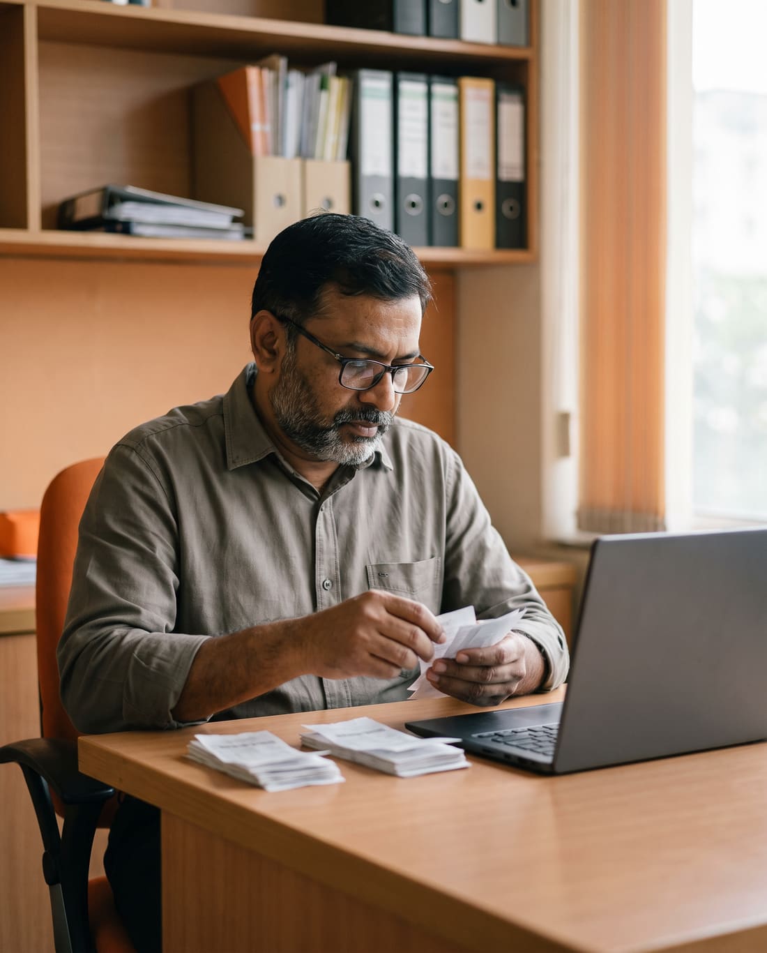 A chartered accountant sorting purchase bills beside a laptop