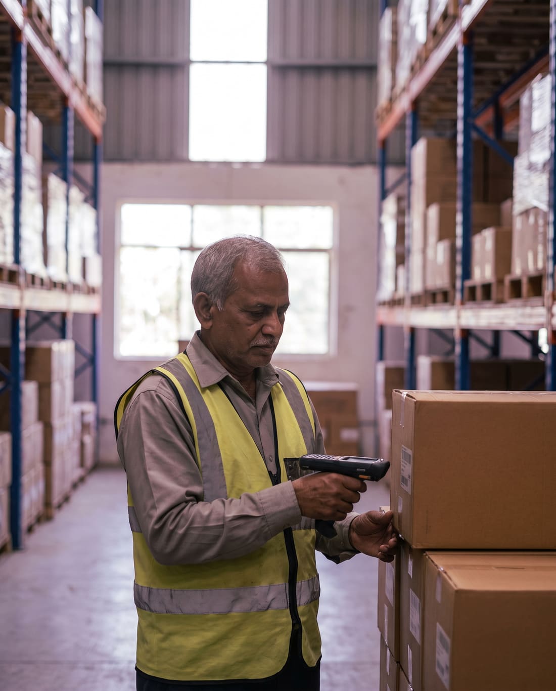 A warehouse worker scanning barcodes on stacked cartons