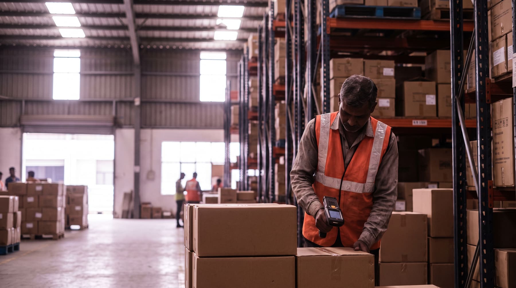 A warehouse worker scanning barcodes on stacked cartons