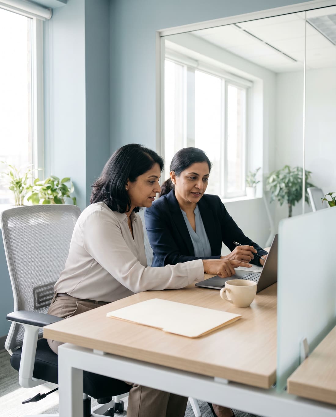 An HR manager reviewing salary sheets with a colleague