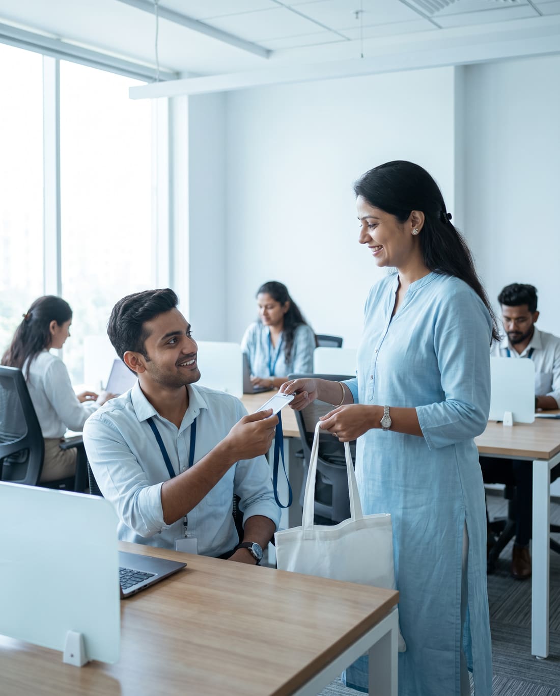 An HR executive welcoming a new joinee with an ID card