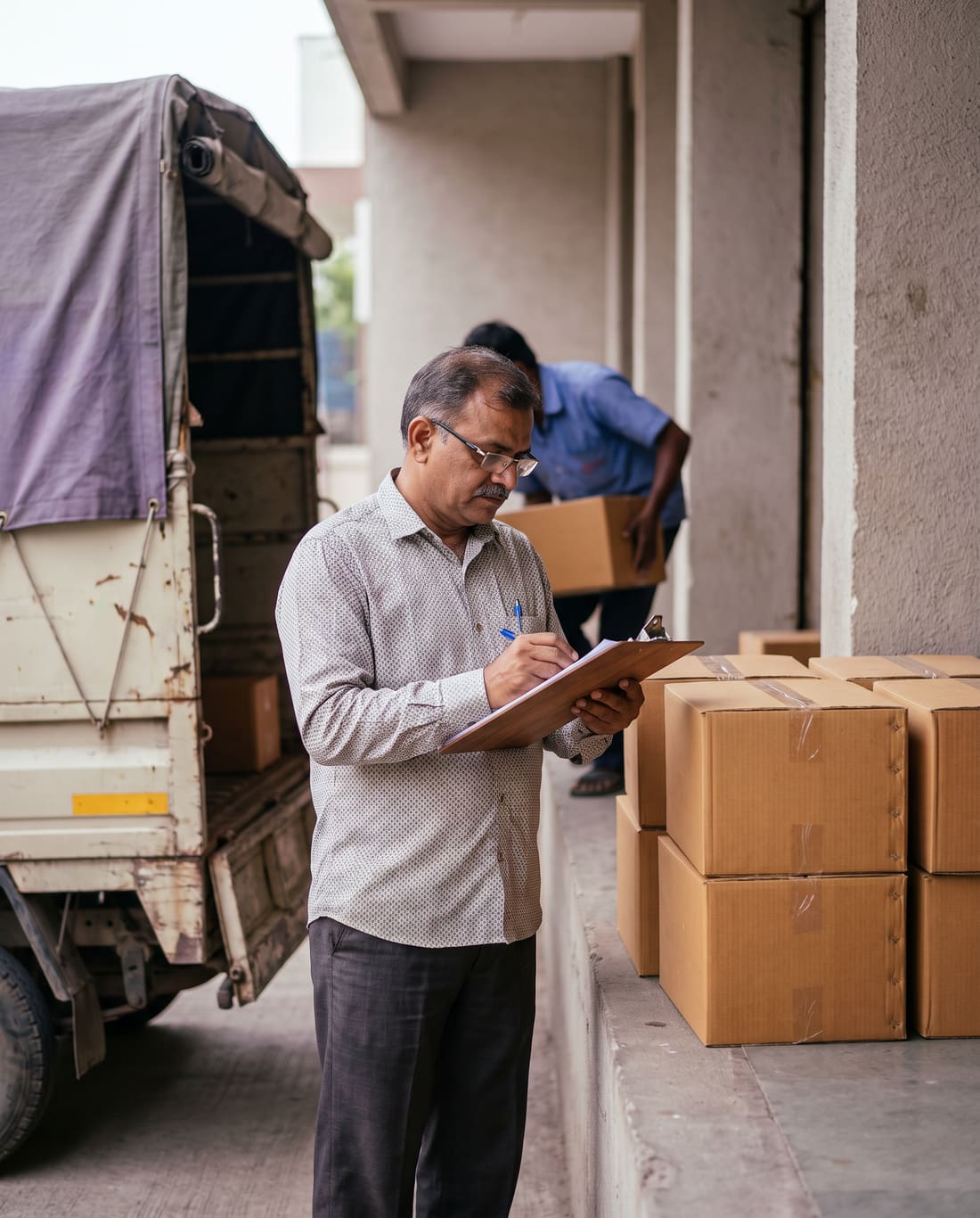 A storekeeper checking a delivery of cartons against a purchase order