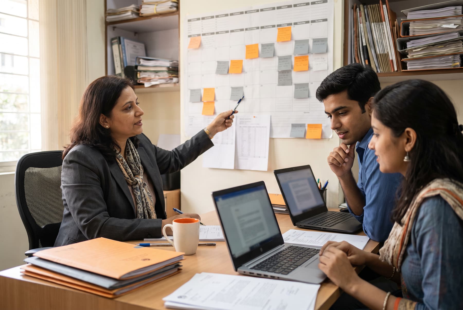 A CA partner planning the month's filings with two associates at a wall planner